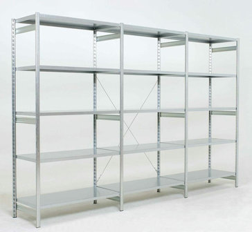 Basisset legbordstelling Epsilon - ca. 2000x1250x500 mm/5 niveaus met plaatstalen legborden/sendzimir verzinkt/open staanders