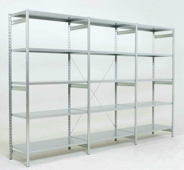 Aanbouwset legbordstelling Epsilon - ca. 2000x1000x388 mm/5 niveaus met plaatstalen legborden/sendzimir verzinkt/open staanders