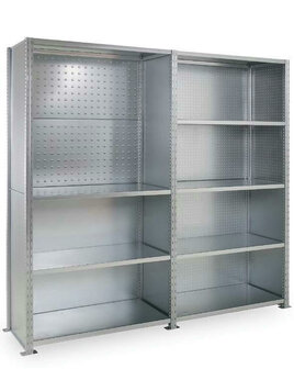 Geperforeerde buitenwand legbordstelling Adaptiv - afmetingen 2250x400 mm (hxd)/gegalvaniseerd/levering in modules