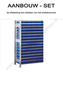 12801-Aanbouwset kleine onderdelenstelling-3  - ca. 2000x1000x600mm/15 niveaus legborden met systeembakken blauw en 1 afdekbord/sendzimir verzinkt/150kg legbordbelasting