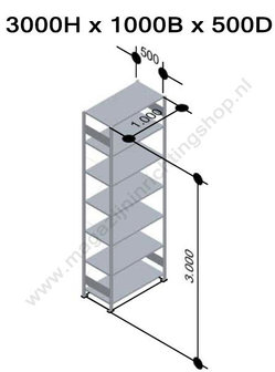 13152-Basisset legbordstelling - ca. 3000x1000x500mm/7 legborden/sendzimir verzinkt/85kg/kruisschoor