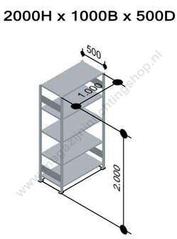 13155-Aanbouwset legbordstelling - ca. 2000x1000x500mm/5 legborden/sendzimir verzinkt/85kg/kruisschoor