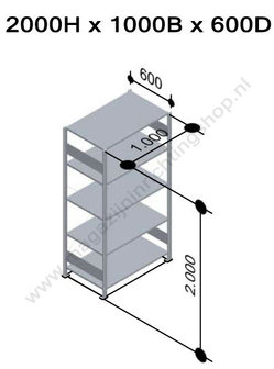 13165-Aanbouwset legbordstelling - ca. 2000x1000x600mm/5 legborden/sendzimir verzinkt/85kg/kruisschoor