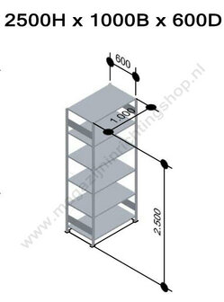 13166-Aanbouwset legbordstelling - ca. 2500x1000x600mm/6 legborden/sendzimir verzinkt/85kg/kruisschoor