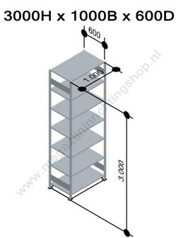 33067-Aanbouwset legbordstelling - ca. 3000x1000x600mm/7 legborden/RAL7035 lichtgrijs/85kg/kruisschoor