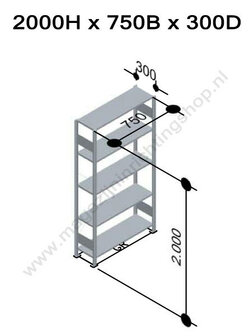 12730-75-Basisset legbordstelling - ca. 2000x750x300mm/5 legborden/sendzimir verzinkt/150kg/kruisschoor