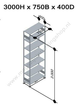 12742-75-Basisset legbordstelling - ca. 3000x750x400mm/7 legborden/sendzimir verzinkt/150kg/kruisschoor