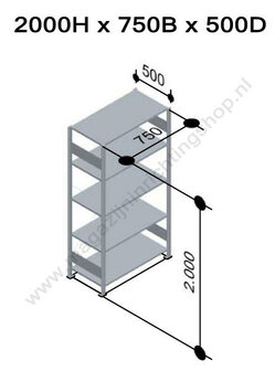 12750-75-Basisset legbordstelling - ca. 2000x750x500mm/5 legborden/sendzimir verzinkt/150kg/kruisschoor