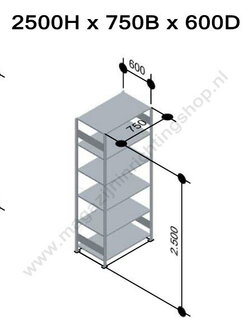 12761-75-Basisset legbordstelling - ca. 2500x750x600mm/6 legborden/sendzimir verzinkt/150kg/kruisschoor