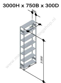 12732-75-B-Basisset legbordstelling - ca. 3000x750x300mm/7 legborden/RAL5010 blauw+sendzimir verzinkt/150kg/kruisschoor