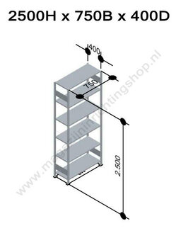 12746-75-B-Aanbouwset legbordstelling - ca. 2500x750x400mm/6 legborden/RAL5010 blauw+sendzimir verzinkt/150kg/kruisschoor