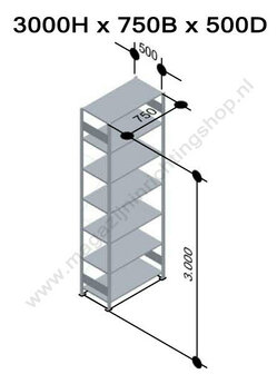 12752-75-B-Basisset legbordstelling - ca. 3000x750x500mm/7 legborden/RAL5010 blauw+sendzimir verzinkt/150kg/kruisschoor