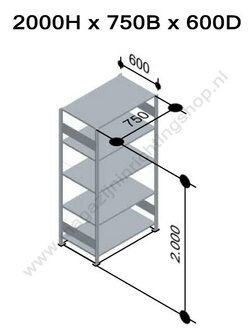 12765-75-B-Aanbouwset legbordstelling - ca. 2000x750x600mm/5 legborden/RAL5010+sendzimir verzinkt/150kg/kruisschoor