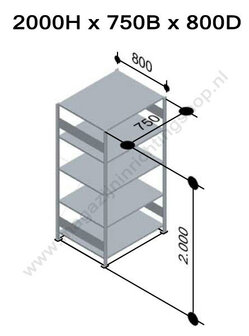 12780-75-B-Basisset legbordstelling - ca. 2000x750x800mm/5 legborden/RAL5010 blauw+sendzimir verzinkt/150kg/kruisschoor