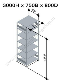 12787-75-B-Aanbouwset legbordstelling - ca. 3000x750x800mm/7 legborden/RAL5010 blauw+sendzimir verzinkt/150kg/kruisschoor