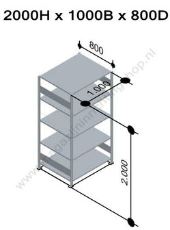 12780-Basisset legbordstelling - ca. 2000x1000x800mm/5 legborden/sendzimir verzinkt/150kg/kruisschoor