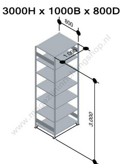 12587-Aanbouwset legbordstelling - ca. 3000x1000x800mm/7 legborden/sendzimir verzinkt/150kg/kruisschoor