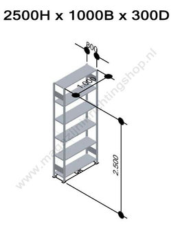 12631-B-Basisset legbordstelling - ca. 2500x1000x300mm/6 legborden/RAL5010 blauw+sendzimir verzinkt/150kg/kruisschoor