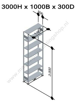 12732-B-Basisset legbordstelling - ca. 3000x1000x300mm/7 legborden/RAL5010 blauw+sendzimir verzinkt/150kg/kruisschoor