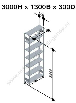 12732-130-Basisset legbordstelling - ca. 3000x1300x300mm/7 legborden/sendzimir verzinkt/150kg/kruisschoor