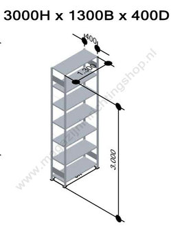 12747-130-Aanbouwset legbordstelling - ca. 3000x1300x400mm/7 legborden/sendzimir verzinkt/150kg/kruisschoor