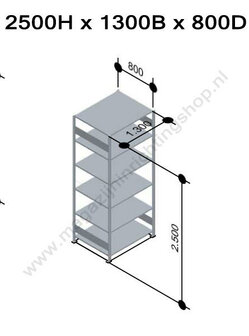 12781-130-Basisset legbordstelling - ca. 2500x1300x800mm/6 legborden/sendzimir verzinkt/150kg/kruisschoor