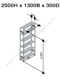 12736-130-B-Aanbouwset legbordstelling - ca. 2500x1300x300mm/6 legborden/RAL5010 blauw+sendzimir verzinkt/150kg/kruisschoor