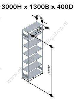 12747-130-B-Aanbouwset legbordstelling - ca. 3000x1300x400mm/7 legborden/RAL5010 blauw+sendzimir verzinkt/150kg/kruisschoor