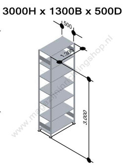 12757-130-B-Aanbouwset legbordstelling - ca. 3000x1300x500mm/7 legborden/RAL5010 blauw+sendzimir verzinkt/150kg/kruisschoor