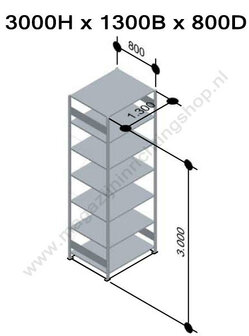 12787-130-B-Aanbouwset legbordstelling - ca. 3000x1300x800mm/7 legborden/RAL5010 blauw+sendzimir verzinkt/150kg/kruisschoor