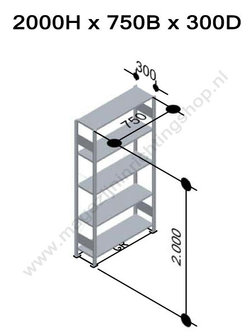 32630-75-LR-Basisset legbordstelling - ca. 2000x750x300mm/5 legborden/RAL7035 grijs/150kg/langstraversen