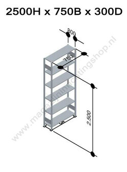 12736-75-LR-B-Aanbouwset legbordstelling - ca. 2500x750x300mm/6 legborden/RAL5010 blauw+sendzimir verzinkt/150kg/langstraversen