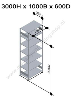 12767-LR-Aanbouwset legbordstelling - ca. 3000x1000x600mm/7 legborden/sendzimir verzinkt/150kg/langstraversen