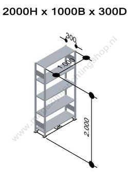 12730-LR-B-Basisset legbordstelling - ca. 2000x1000x300mm/5 legborden/RAL5010+sendzimir verzinkt/150kg/langstraversen