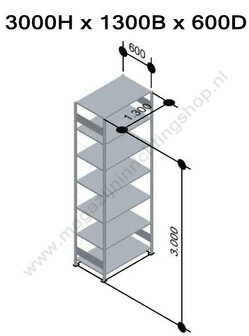 12767-130-LR-Aanbouwset legbordstelling - ca. 3000x1300x600mm/7 legborden/sendzimir verzinkt/150kg/langstraversen