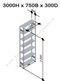 12937-75-B-Aanbouwset legbordstelling - ca. 3000x750x300mm/7 legborden/RAL5010 blauw+sendzimir verzinkt/250kg/kruisschoor