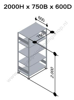 12965-75-B-Aanbouwset legbordstelling - ca. 2000x750x600mm/5 legborden/RAL5010+sendzimir verzinkt/250kg/kruisschoor