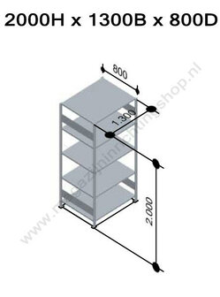 32885-130-Aanbouwset legbordstelling - ca. 2000x1300x800mm/5 legborden/RAL7035 lichtgrijs/250kg/kruisschoor