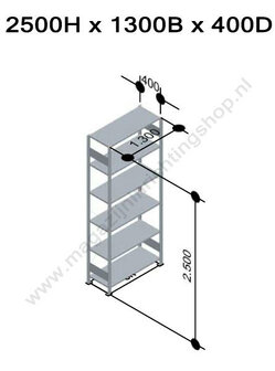 12946-130-B-Aanbouwset legbordstelling - ca. 2500x1300x400mm/6 legborden/RAL5010 blauw+sendzimir verzinkt/250kg/kruisschoor