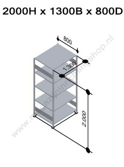 12985-130-B-Aanbouwset legbordstelling - ca. 2000x1300x800mm/5 legborden/RAL5010 blauw+sendzimir verzinkt/250kg/kruisschoor