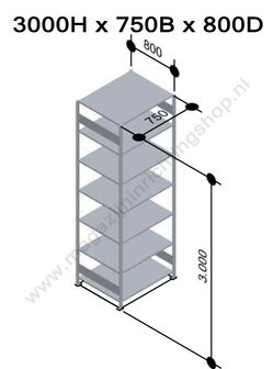 32882-75-LR-Basisset legbordstelling - ca. 3000x750x800mm/7 legborden/RAL7035 lichtgrijs/250kg/langstraversen