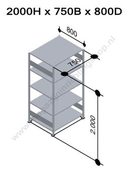 12986-75-LR-B-Aanbouwset legbordstelling - ca. 2500x750x800mm/6 legborden/RAL5010 blauw+sendzimir verzinkt/250kg/langstraversen