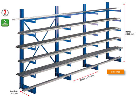 14486-Basisset draagarmstelling K 1000 - ca. 2000x3750x500mm/5 aangelaste draagarmen/RAL5010 blauw/200kg/kruisschoor