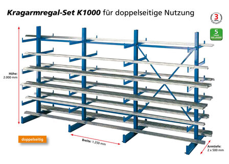 14496-Basisset draagarmstelling K 1000 - ca. 2000x3750x(2x)500mm/10 aangelaste draagarmen/RAL5010 blauw/200kg/kruisschoor