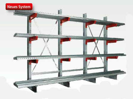 27701-Basisset draagarmstelling K 3000 - ca. 2500x1300x500mm/4 draagarmen en 1 voet per staander/RAL7001 grijs+RAL3000 rood/445kg