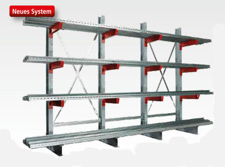 27727-Basisset draagarmstelling K 3000 - ca. 2500x6500x(2x)400mm/8 draagarmen en 2 voeten per staander/RAL7001 grijs+RAL3000 rood/530kg