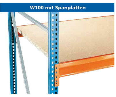 19509-Basisset grootvakstelling W 100 - ca. 2000x1785x800mm/3 liggerniveaus met spaanplaat legborden/blauw+oranje+sendzimir verzinkt/670kg