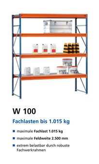 19509-Basisset grootvakstelling W 100 - ca. 2000x1785x800mm/3 liggerniveaus met spaanplaat legborden/blauw+oranje+sendzimir verzinkt/670kg