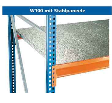 19582-Aanbouwset grootvakstelling W 100 - ca. 2000x1785x600mm/3 liggerniveaus met stalen panelen/blauw+oranje+sendzimir verzinkt/670kg