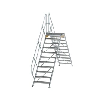 Aluminium brugtrap 45&deg;  - totale hoogte 3.435 mm/hoogte onder platform 2.160 mm/aantal treden 2x11/breedte treden 800 mm/treden en platform gemaakt van gegolfd aluminium R 9